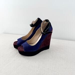 Paul Andrew Whitney Suede Colorblock Wedge Platform Sandals Burgundy Blue EU 37